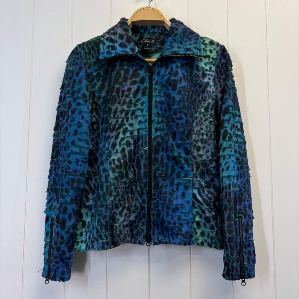 Clara S Y2K Animal Print Mesh Slit Jacket Women Size M Eclectic Artsy Mob Wife